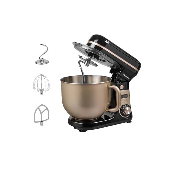 Bestron Robot Patissier, Robot pâtissier super silencieux 65 dB , Robot de cuisine 4-en-1, bol de 6 litres, inclus crochet p
