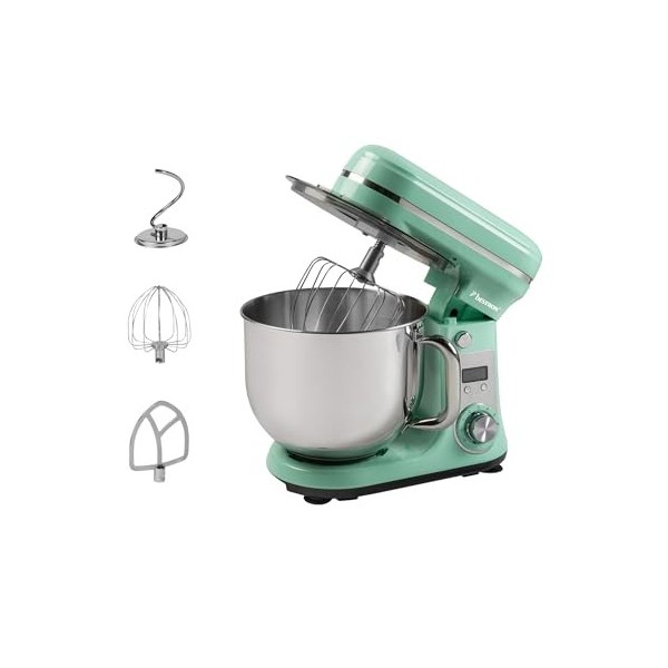 Bestron Robot Patissier, Robot pâtissier super silencieux 65 dB , Robot de cuisine 4-en-1, bol de 6 litres, inclus crochet p