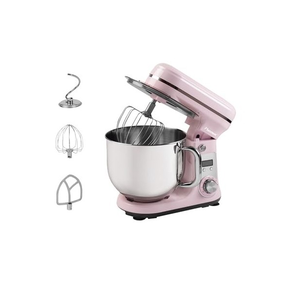 Bestron Robot Patissier, Robot pâtissier super silencieux 65 dB , Robot de cuisine 4-en-1, bol de 6 litres, inclus crochet p