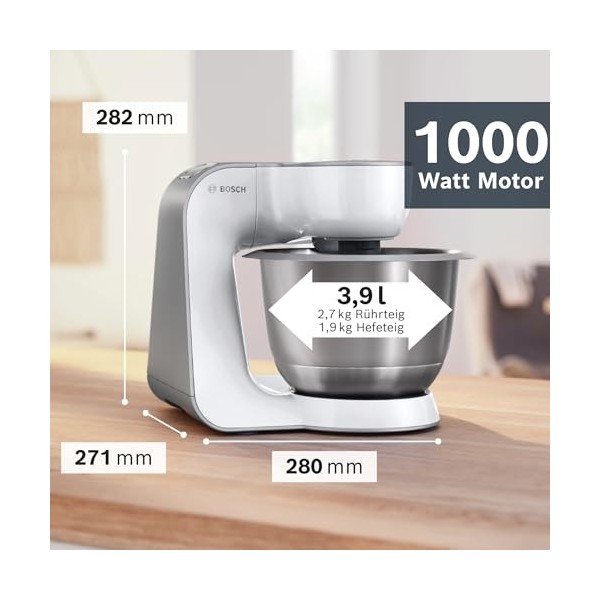 Bosch MUM58W20 Robot culinaire CreationLine, acier inoxydable, 3,9 litres, Argent, blanc