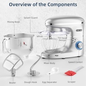 CHeflee Robot Pâtissier, 1500W Robot Pétrin, 6.2 L Robot de Cuisine Multifonction Faible Bruit avec Bol en Acier inox de,Batt