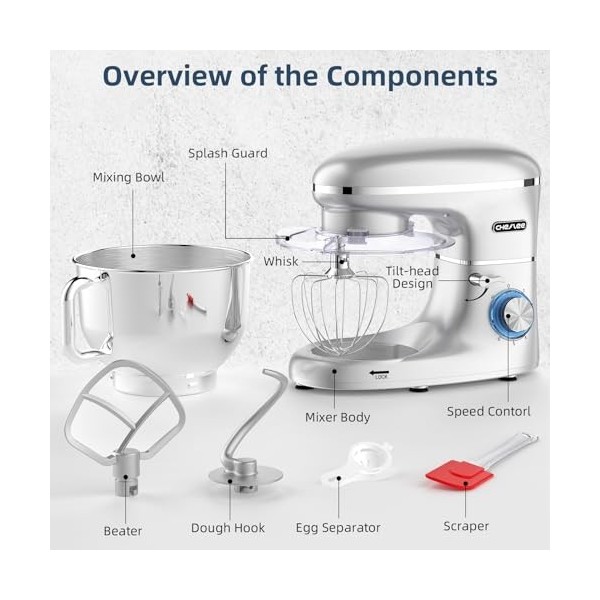 CHeflee Robot Pâtissier, 1500W Robot Pétrin, 6.2 L Robot de Cuisine Multifonction Faible Bruit avec Bol en Acier inox de,Batt
