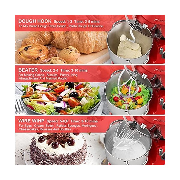 PHISINIC Robot Pâtissier, 1800W Pétrin Professionnel, Boîtier tout en Métal, Faible Bruit Robot de Cuisine Multifonction avec