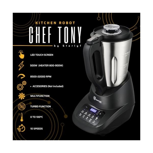 STARLYF Chef Tony Kitchen Robot de cuisine, 500 W, 10 vitesses, multifonction, hache, mélange, broyage, bout, cuisine, tempér