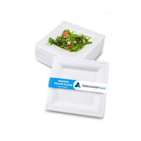 Nationwide Paper Lot de 50 petites assiettes en carton carrées en bagasse respectueuses de lenvironnement Blanc 15 cm