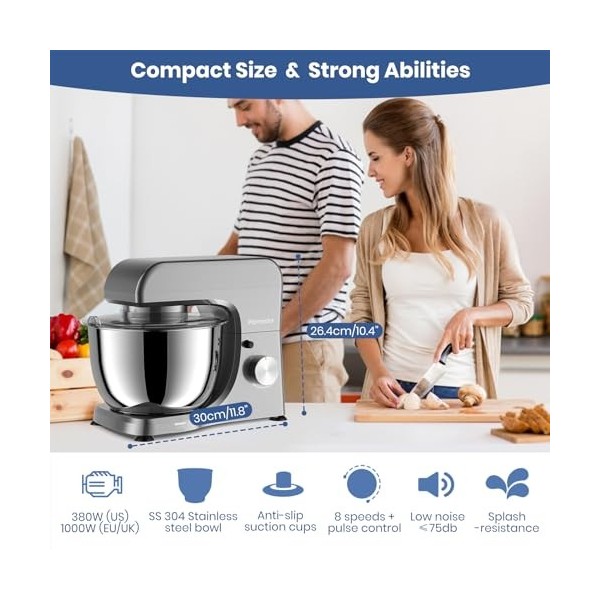 Parmedu Robot de cuisine électrique, pétrisseur, mélangeur : 380 W, compact avec 8 vitesses et tête basculante, bol mélangeur