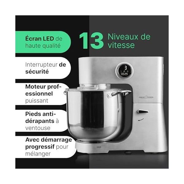 Profi Cook Robot de cuisine avec bol XXL de 12 L | Pétrin avec moteur Longlife Pro de 2500W | Boîte de vitesses en métal et é