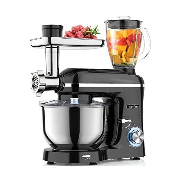 Homlee Robot Pâtissier Multifonctions 1800W Blender Robot Professionnel Hachoir à Viande Électrique avec Mixeur Verre 1,5L, 3