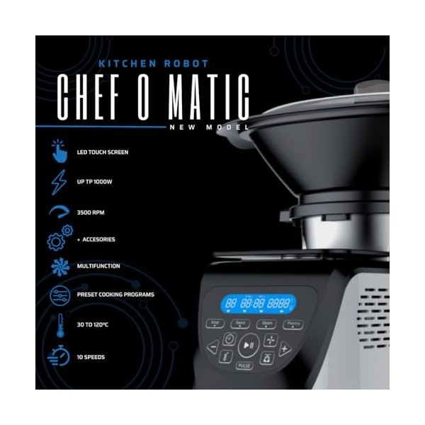 Robot de cuisine Chef O Matic Kitchen Robot, 1000 W, 3 L, 3 500 tr/min, plusieurs accessoires, 10 vitesses, robot multifoncti