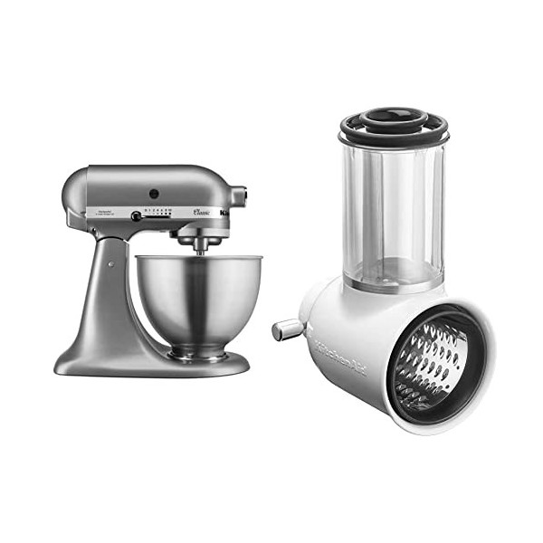 KitchenAid Robot pâtissier multifonction - Bol en acier 4,3L - Argent 5K45SSESL & Tranchoir/Râpe à Cylindres pour Préparation