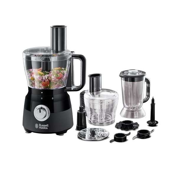 Russell Hobbs Robot Cuisine[Multifonction: Hâche, Mixe, Broie,Tranche, Râpe, Pétrit, Bat] Noir mat 2 vitesses+fonction Pulse