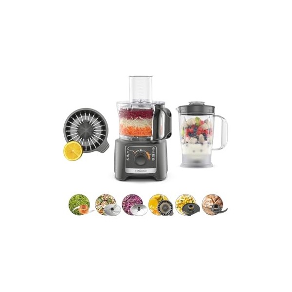 Kenwood MultiPro Compact FDP31.360GY Robot de cuisine multifonction avec lame pour mixer, disque pour pétrir et trancher, pre