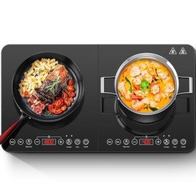 Aobosi Double plaque à induction avec panneau en cristal noir fin, contrôle indépendant, cuisinière à induction avec 10 régla