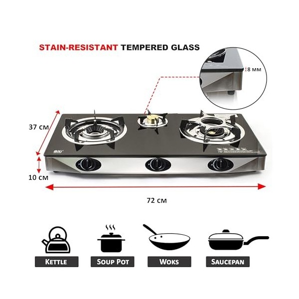 NJ NGB-S3 Réchaud a Gaz Intérieur - 3 Feux Plaque de Cuisson Portable