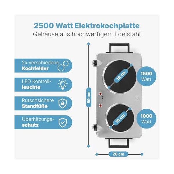 Clatronic Double plaque de cuisson DKP 3668 E, pour le camping, la cuisine ou le bureau, deux plaques de cuisson, thermostats
