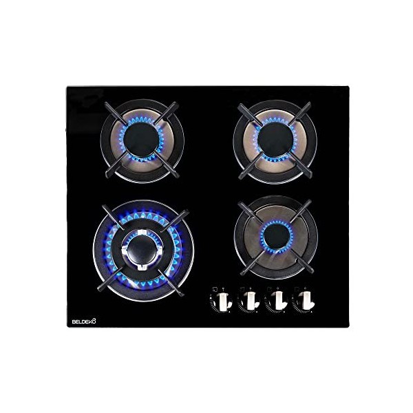 BELDEKO - Plaque de cuisson gaz - 4 Foyers - Double couronne - 7800W - encastrable - verre noir