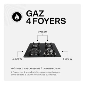 BELDEKO - Plaque de cuisson gaz - 4 Foyers - Double couronne - 7800W - encastrable - verre noir