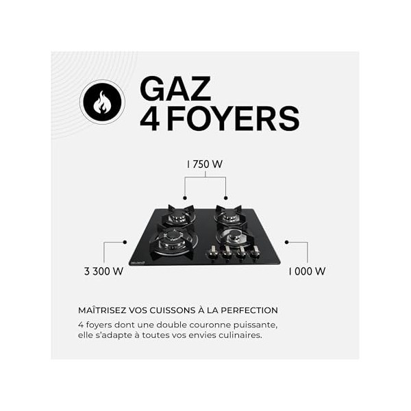 BELDEKO - Plaque de cuisson gaz - 4 Foyers - Double couronne - 7800W - encastrable - verre noir