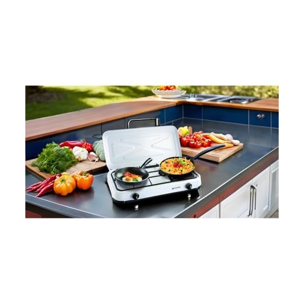 KEMPER - Réchaud gaz portable 2 feux 2600W Blanc laqué Couvercle Plaque de cuisson