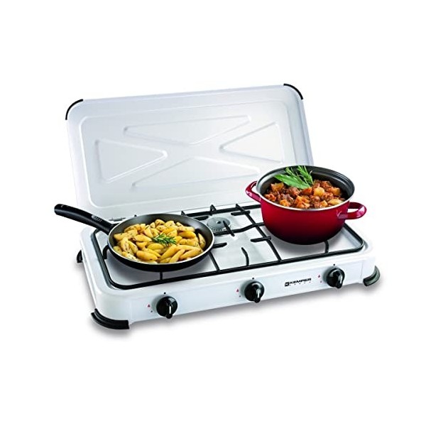 KEMPER - Réchaud gaz portable 3 feux 3450W Blanc laqué Couvercle Plaque de cuisson