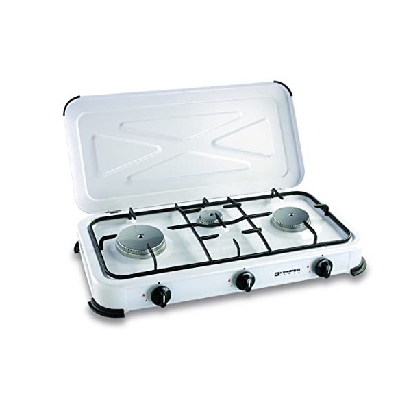 KEMPER - Réchaud gaz portable 3 feux 3450W Blanc laqué Couvercle Plaque de cuisson