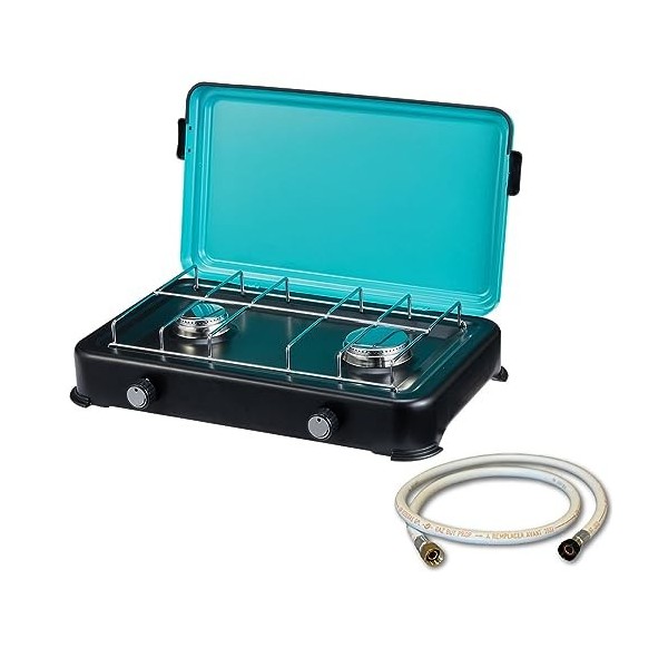 INTEC - Plaque de cuisson gaz 2 feux 2350W Cuisinière à gaz portable, Plaque à gaz Butane/Propane Bruleurs inox tuyau gaz