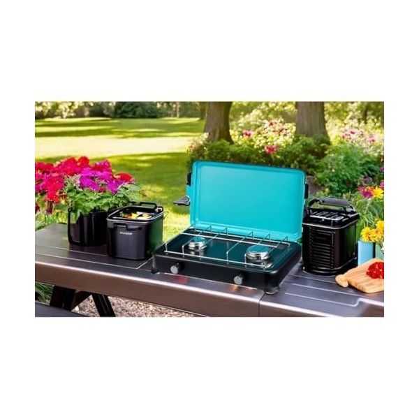 INTEC - Plaque de cuisson gaz 2 feux 2350W Cuisinière à gaz portable, Plaque à gaz Butane/Propane Bruleurs inox tuyau gaz