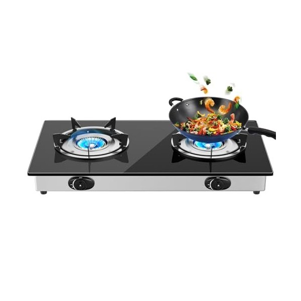 Plaque de Cuisson Gaz 2 Feux, Table de Cuisson à Gaz à 2 Brûleurs, Plaque de Cuisson Gaz Portable pour Cuisine à Domicile, Ca