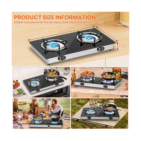 Plaque de Cuisson Gaz 2 Feux, Table de Cuisson à Gaz à 2 Brûleurs, Plaque de Cuisson Gaz Portable pour Cuisine à Domicile, Ca