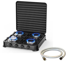 INTEC - Plaque de cuisson gaz 4 feux 8800W Table de cuisson portable + Tuyau gaz Butane/Propane Bruleurs inox