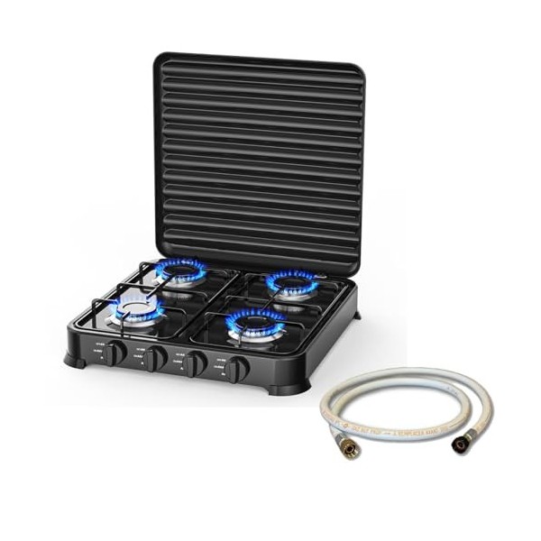 INTEC - Plaque de cuisson gaz 4 feux 8800W Table de cuisson portable + Tuyau gaz Butane/Propane Bruleurs inox