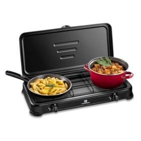 KEMPER - Réchaud gaz portable 2 feux 2600W Noir Couvercle Plaque de cuisson
