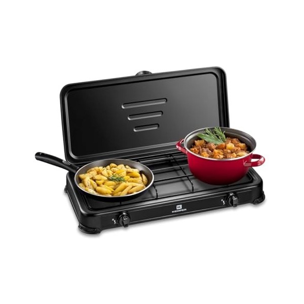 KEMPER - Réchaud gaz portable 2 feux 2600W Noir Couvercle Plaque de cuisson