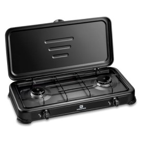 KEMPER - Réchaud gaz portable 2 feux 2600W Noir Couvercle Plaque de cuisson