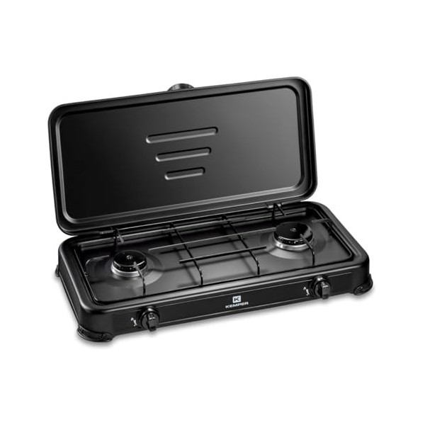 KEMPER - Réchaud gaz portable 2 feux 2600W Noir Couvercle Plaque de cuisson