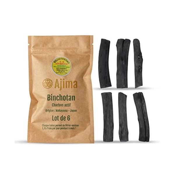 Ajima Binchotan Charbon Actif Eau - Baton de Charbon Bio Purificateur deau Naturel x6 - Chaque Baton Filtre Environ 1.5 L - 