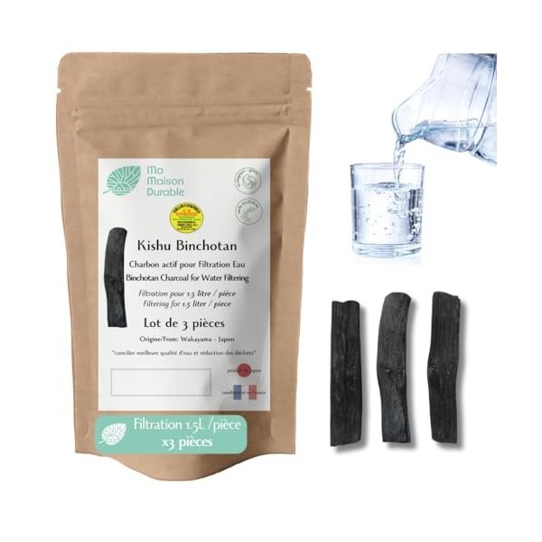 Ma Maison Durable | Binchotan Charbon Actif Eau X3 pcs | Filtration 1.5L/Bâton | Filtre Purificateur eau naturel | Authentiqu