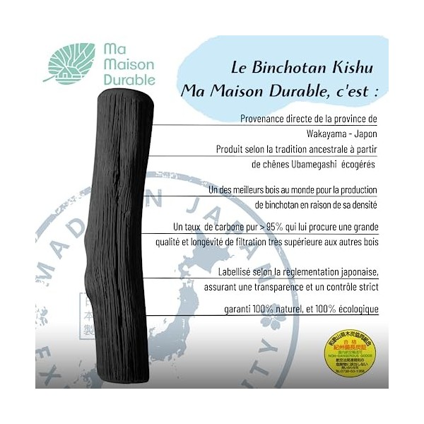 Ma Maison Durable | Binchotan Charbon Actif Eau X3 pcs | Filtration 1.5L/Bâton | Filtre Purificateur eau naturel | Authentiqu