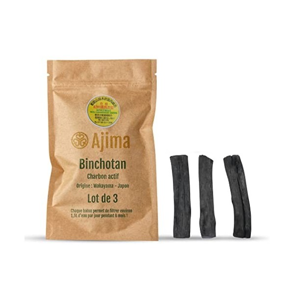 Ajima Binchotan Charbon Actif Eau - Baton de Charbon Bio Purificateur dEau Naturel x3 - Chaque Baton Filtre Environ 1.5 L - 