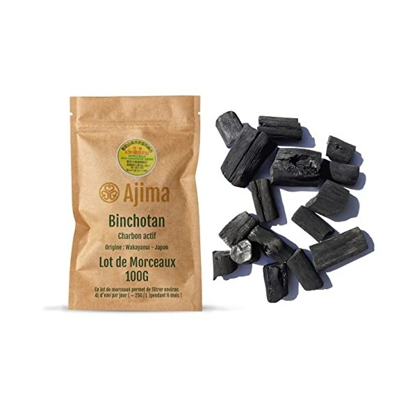Ajima Binchotan 100G Morceaux - Purificateur deau Végétal Naturel - Charbon Actif Bio pour Eau - Bois de Chêne Vert Japonais