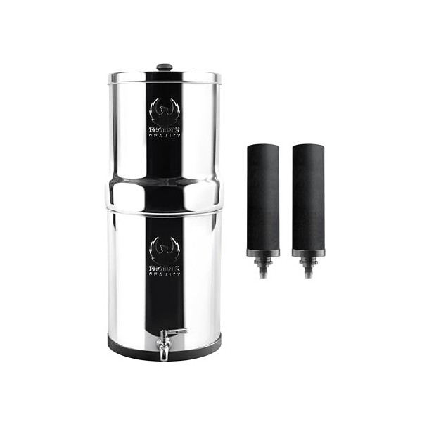 Phoenix Gravity - Système de filtration deau par gravité en acier inoxydable AISI 304 de 6 litres avec 2 éléments de purific