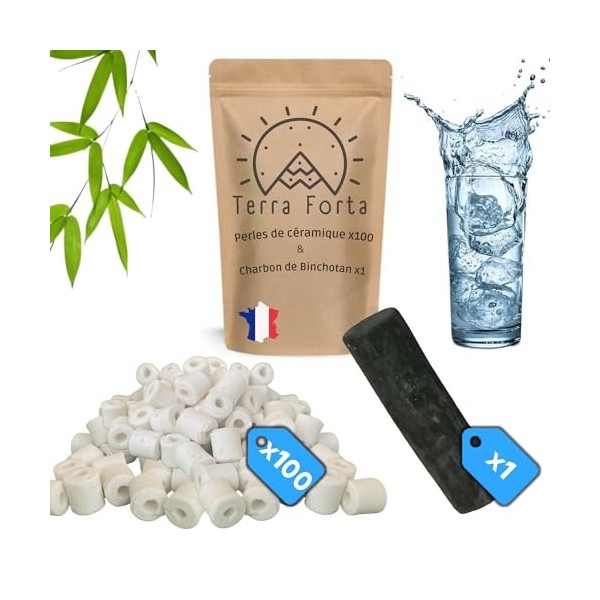 pack 100 perles de céramique et 1 charbon Binchotan Bio purificateur deau naturel robinet pour le calcaire économique et eco