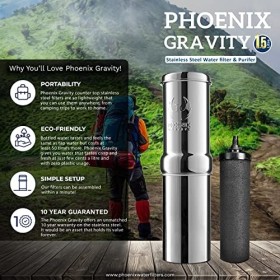 Phoenix Gravity - Système de filtration deau par gravité en acier inoxydable de qualité 304 de 1 litre avec 1 élément de pur