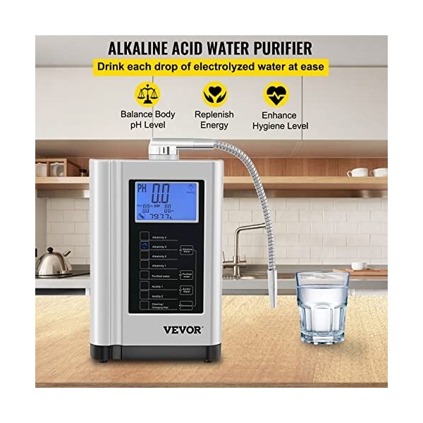 VEVOR Ioniseur dEau PH 3,5-10,5 Purificateur dEau à lAcide Alcalin ORP +500 à -550 mV Électrolyseur Électrode 5 Plaques 7 