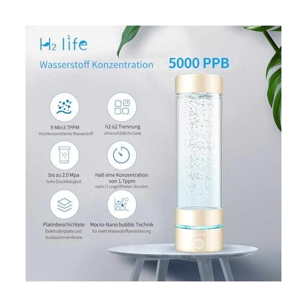 H2 Life Générateur dhydrogène, bouteille deau dhydrogène professionnelle sans BPA, double mode, ioniseur deau réutilisabl