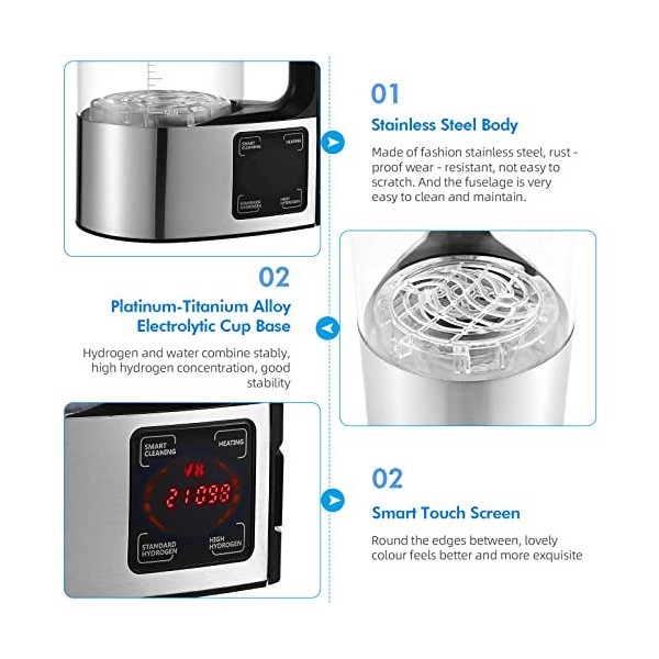 Générateur deau hydrogène 2L, Grande Capacité générateur dhydrogène, portables riches en hydrogène avec écran tactile LED e