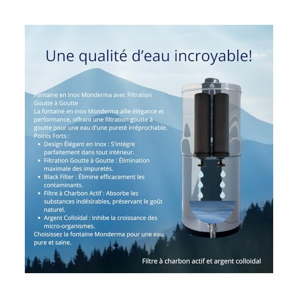 Monderma Big 8.5L - système de filtration deau par gravité avec 2 éléments de purification Black filters et robinet 100% ino