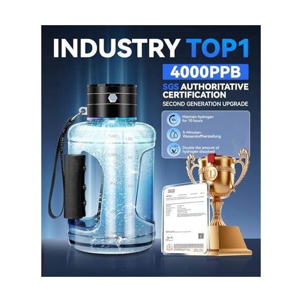 LOZLTX Bouteille deau à hydrogène britannique 1,5 L Certification SGS – 4000 PPB 】【Teneur en hydrogène n° 1】Générateur deau