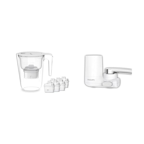 Philips Wasserfilterkanne +6 Micro X-Clean Ersatzfilterkartuschen, schneller Durchfluss, Weiß, 2,6 Liter, elektronischer Time