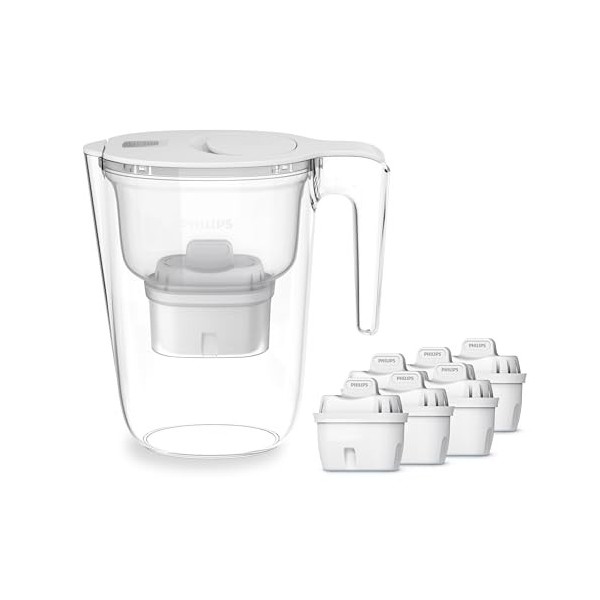 Philips Wasserfilterkanne +6 Micro X-Clean Ersatzfilterkartuschen, schneller Durchfluss, Weiß, 2,6 Liter, elektronischer Time
